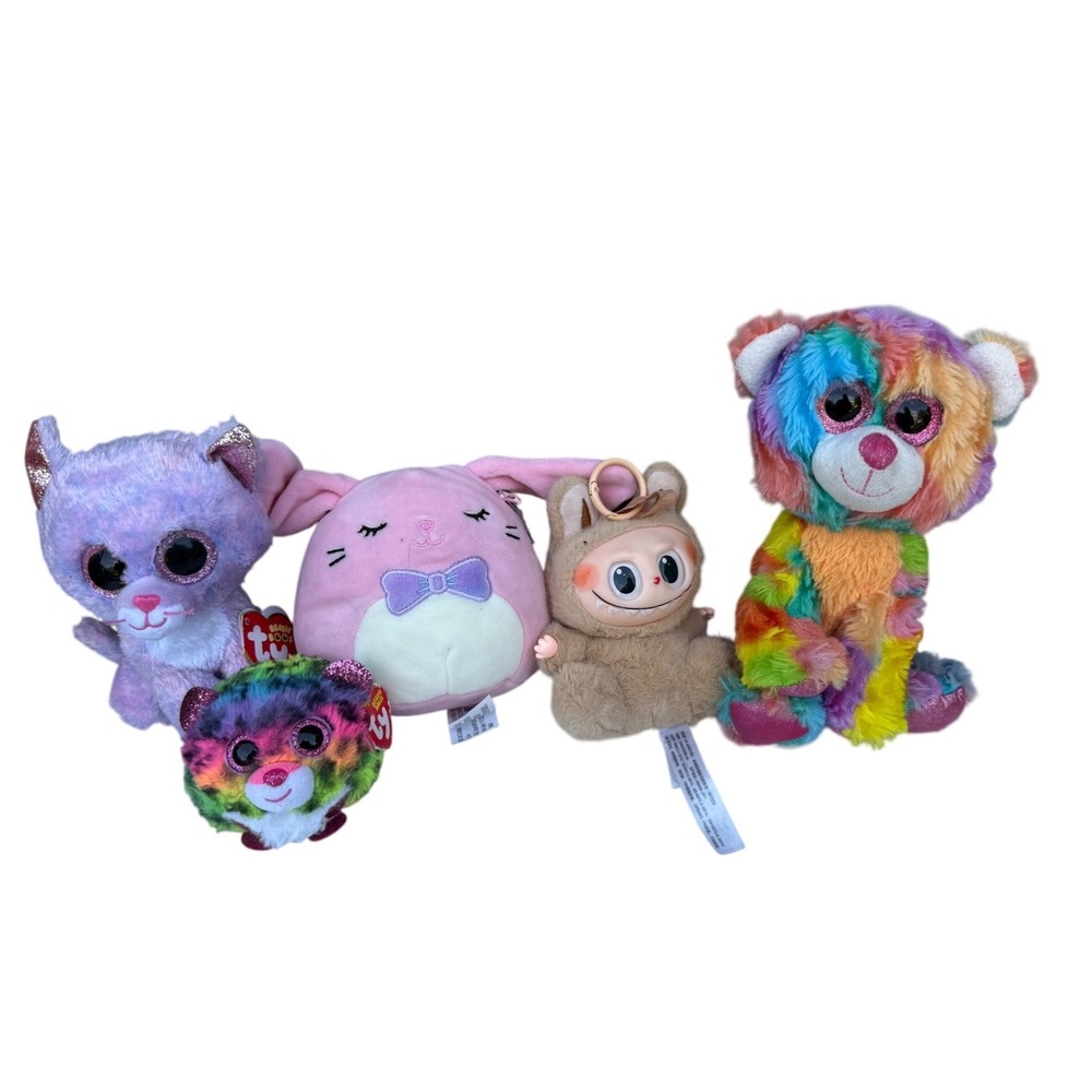 Ty Beanie Boos Squishmallows Pop‎ Mart Labubu Plush Toy Lot 5pc Rainbow Bundle